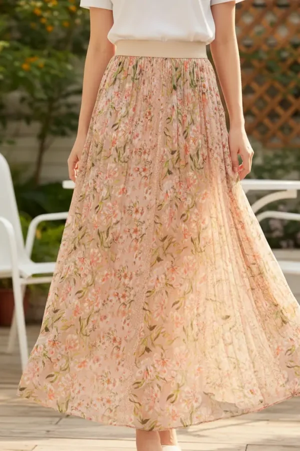 Women's Mulberry Silk Printed A-Line Maxi Skirt Elastic Waist Slimming Elegant (1)