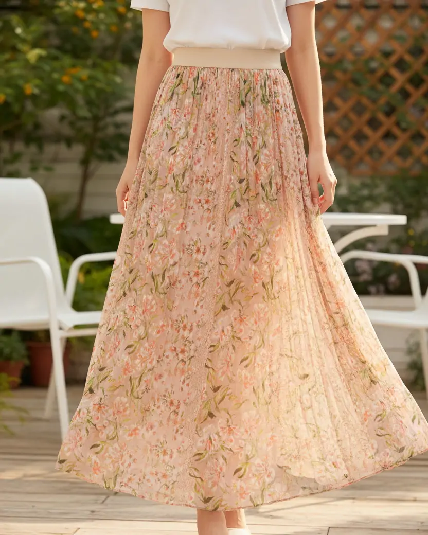 Women's Mulberry Silk Printed A-Line Maxi Skirt Elastic Waist Slimming Elegant (1)