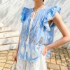 Womens Resort Floral Embroidered Blouse V Neck KimonoSleeve TieUp