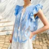 Womens Resort Floral Embroidered Blouse V Neck KimonoSleeve TieUp