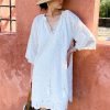 Cotton Embroidered Eyelet Tassel Loose Midi Dress 3/4 Sleeve Boho