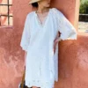Cotton Embroidered Eyelet Tassel Loose Midi Dress 3/4 Sleeve Boho