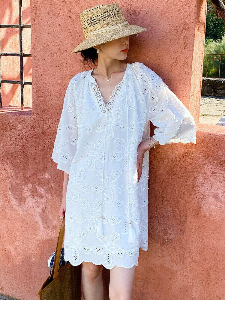 Cotton Embroidered Eyelet Tassel Loose Midi Dress 3/4 Sleeve Boho
