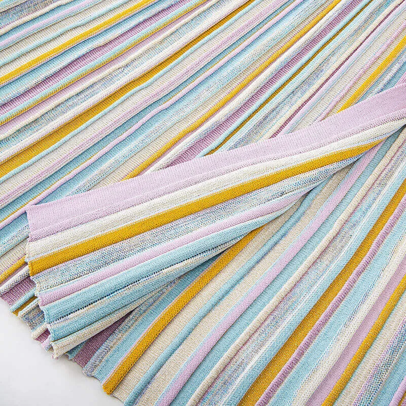 Skin-Friendly Cooling Elegant Floral Striped Knit Midi Dress V Neck Long Sleeve High Waisted A Line