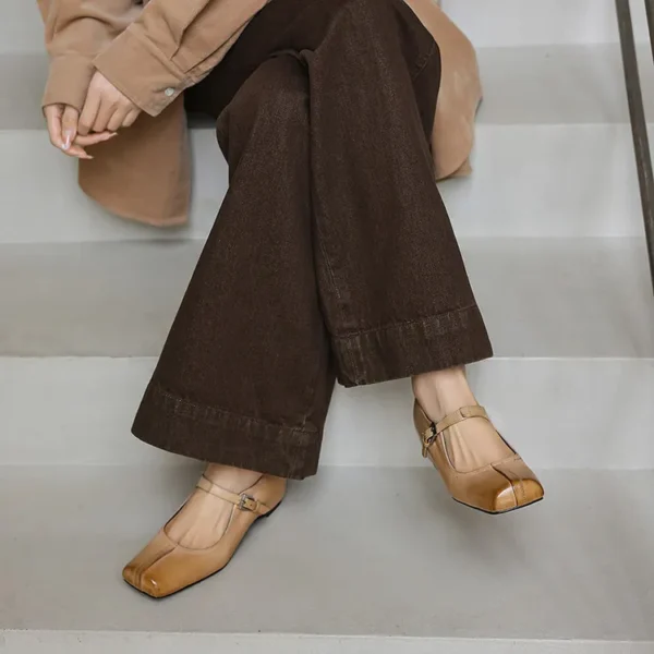 Handmade Square Toe Buckle Leather Block Heel Women Mary Janes Shoes