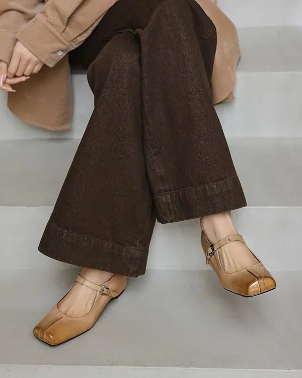 Handmade Square Toe Buckle Leather Block Heel Women Mary Janes Shoes