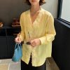 French Women's Long Sleeve V-Neck Solid Shirt Lace Patchwork Linen Tencel