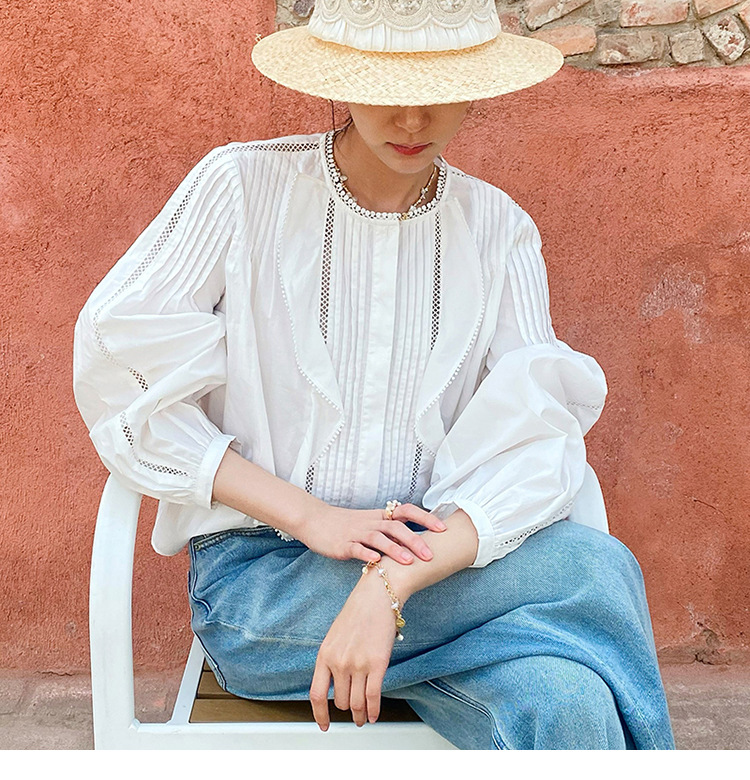 Women's French White Cotton Pleated Long Sleeve Shirt