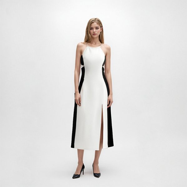 Elegant Colorblock Halter Midi Slip Dress Backless Split Slim Commuter Skin-Friendly Cooling
