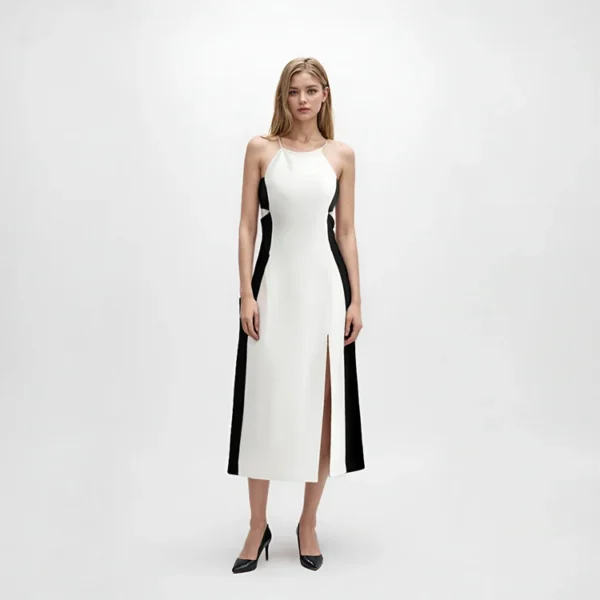 Elegant Colorblock Halter Midi Slip Dress Backless Split Slim Commuter Skin-Friendly Cooling