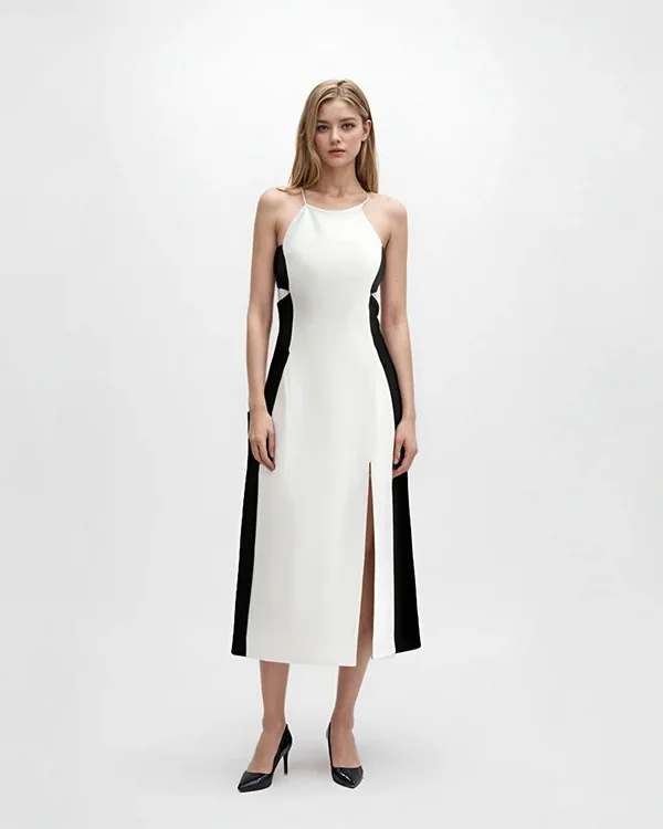 Elegant Colorblock Halter Midi Slip Dress Backless Split Slim Commuter Skin-Friendly Cooling