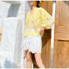 Womens Resort Floral Embroidered Blouse V Neck KimonoSleeve TieUp