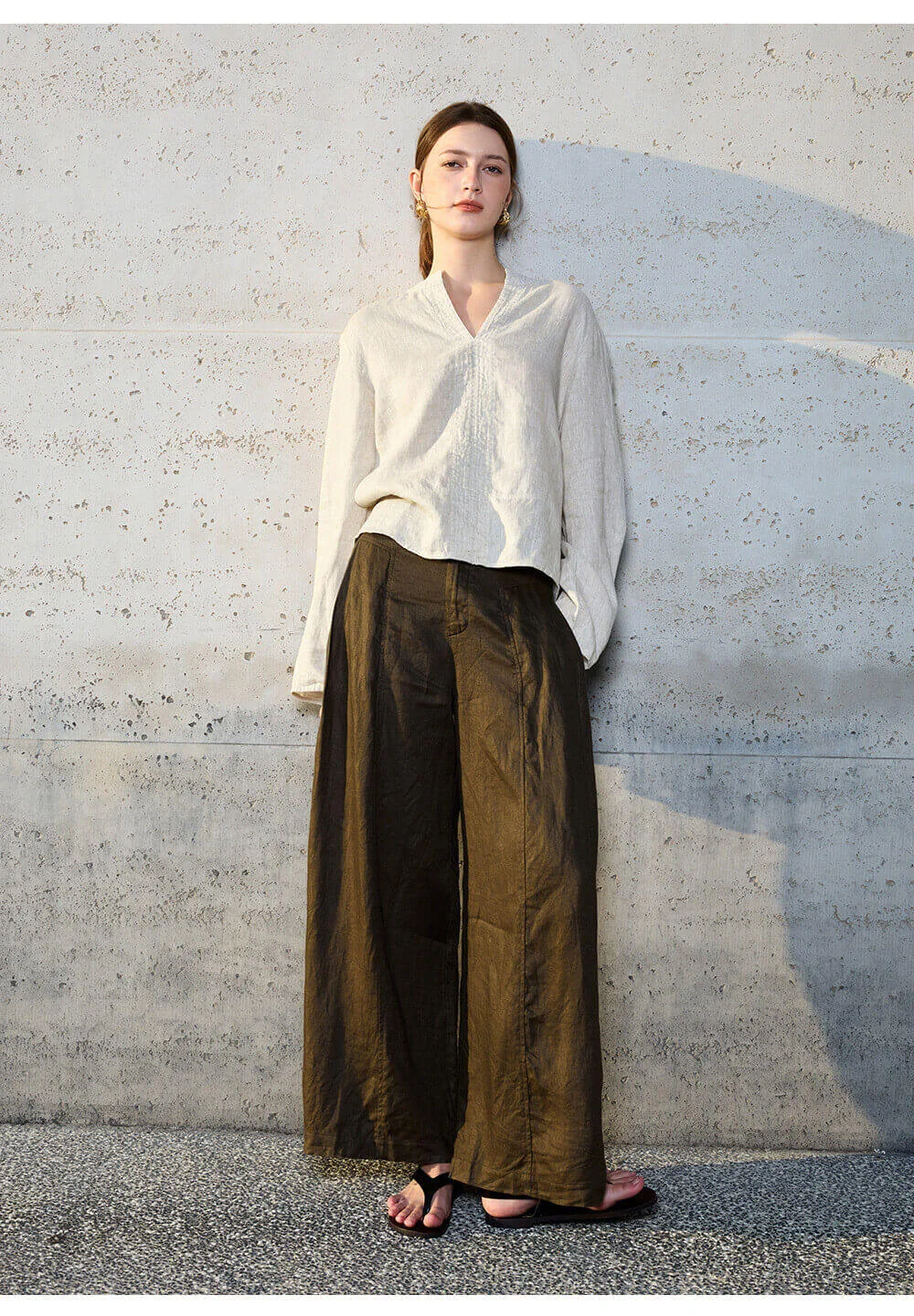 Minimalist Breathable Linen V Neck Long Sleeve Blouse