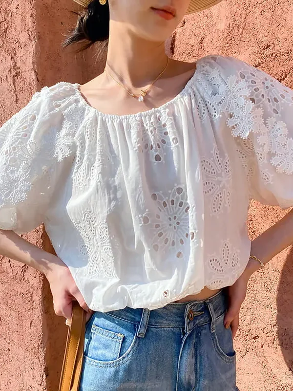 French Riviera Broderie Anglaise Cotton Bardot Blouse