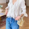 French Riviera Pure Cotton Broderie Anglaise Ruffled Blouse
