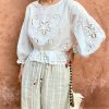 Women's Cotton Floral Embroidery Lace Ruffle Puff 3/4 Sleeve Top Skirt Set