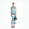 Elegant Sleeveless Round Neck Wavy Stripe Midi Knit Fishtail Dress Skin-Friendly Cooling