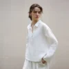 Minimalist Breathable Linen Loose Long Sleeve Polo Blouse