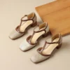 Women's French Retro Cowhide T-Strap Sandals Square Toe Medium Thick Heel