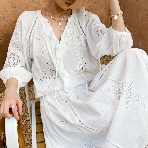 Bohemian Cotton Embroidered Floral V-neck 3/4 Hollow Out Top Midi Skirt