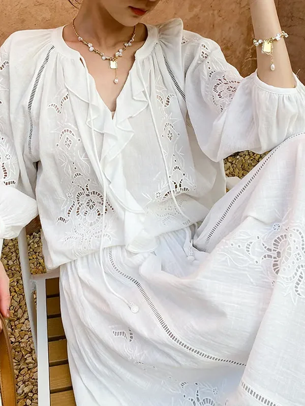Bohemian Cotton Embroidered Floral V-neck 3/4 Hollow Out Top Midi Skirt