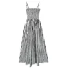 French Style Crinkled Striped Cotton Blend Spaghetti Strap Maxi Dress