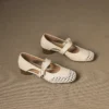 Women's Casual Cutout Leather Low Thick Heel Round Toe Sandals