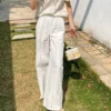 French Riviera Breathable Cotton Linen Ladder Stitch Wide Leg Trousers