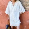 Cotton Embroidered Eyelet Tassel Loose Midi Dress 3/4 Sleeve Boho