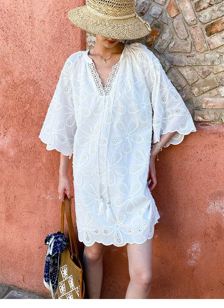 Cotton Embroidered Eyelet Tassel Loose Midi Dress 3/4 Sleeve Boho