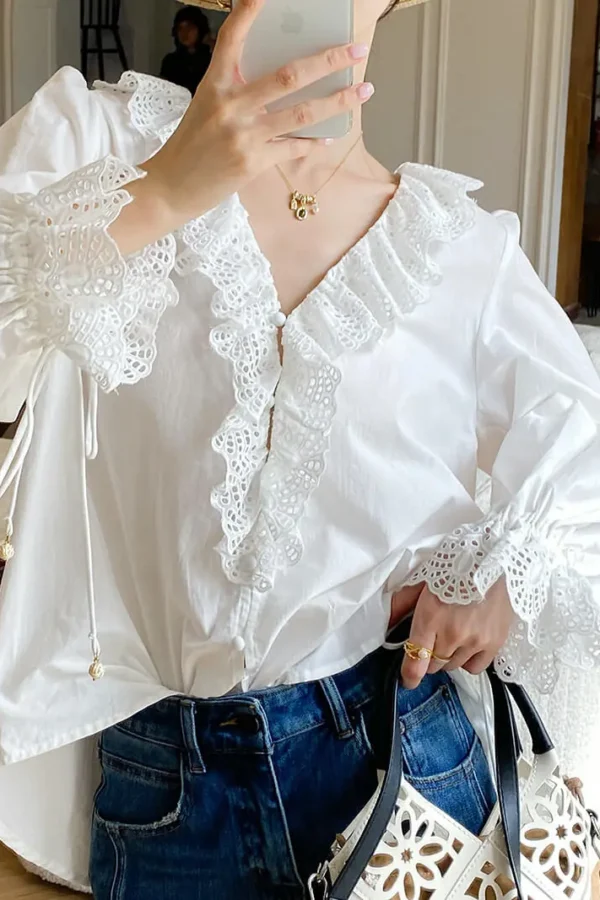French Riviera Broderie Anglaise Pure Cotton Long Sleeve Blouse