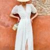 French Riviera Broderie Anglaise Cotton Puff Sleeve Midi Dress