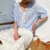 Women's Resort Striped Linen Mix Short Sleeve Loose V Neck Shirt Lace Tassel