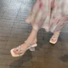 Butterfly Rhinestone Square Toe Women Sandals Heel Sheepskin Insole Rhinestone Surface
