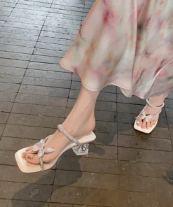 Butterfly Rhinestone Square Toe Women Sandals Heel Sheepskin Insole Rhinestone Surface