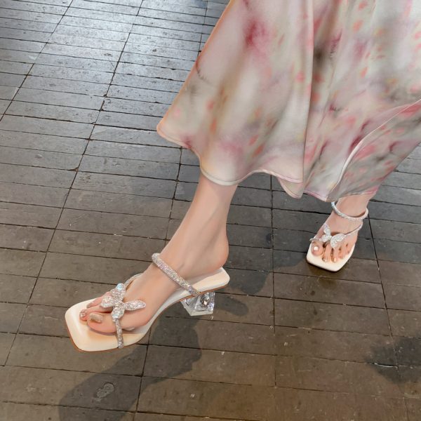 Butterfly Rhinestone Square Toe Women Sandals Heel Sheepskin Insole Rhinestone Surface