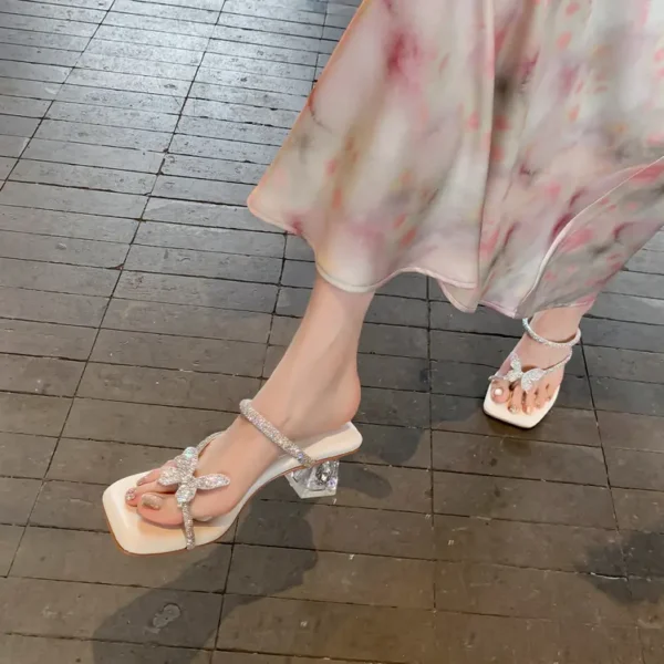 Butterfly Rhinestone Square Toe Women Sandals Heel Sheepskin Insole Rhinestone Surface