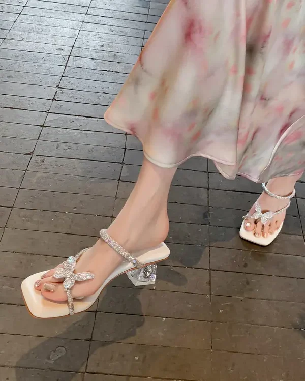 Butterfly Rhinestone Square Toe Women Sandals Heel Sheepskin Insole Rhinestone Surface