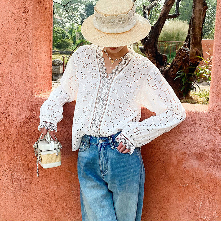 French Cotton Blouse Women Long Sleeve V Neck Loose Lace Embroidery Hollow Top