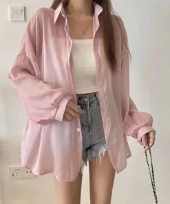Women's Shimmer Sheer Long Sleeve Loose Polo Collar Patchwork Blouse