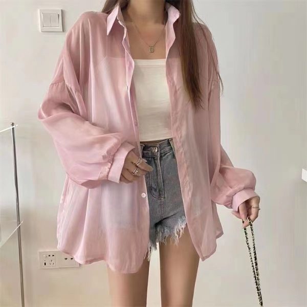 Women's Shimmer Sheer Long Sleeve Loose Polo Collar Patchwork Blouse