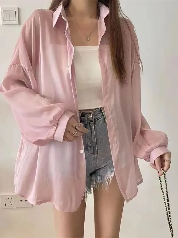 Women's Shimmer Sheer Long Sleeve Loose Polo Collar Patchwork Blouse