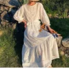 Women's Cotton Floral Embroidery Lace Ruffle Puff 3/4 Sleeve Top Skirt Set