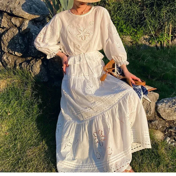 Women's Cotton Floral Embroidery Lace Ruffle Puff 3/4 Sleeve Top Skirt Set