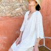 Cotton Embroidered Eyelet Tassel Loose Midi Dress 3/4 Sleeve Boho