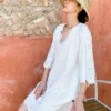 Cotton Embroidered Eyelet Tassel Loose Midi Dress 3/4 Sleeve Boho