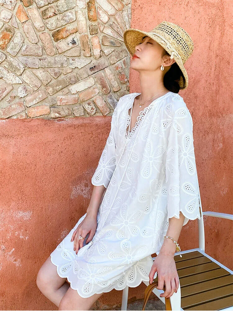 Cotton Embroidered Eyelet Tassel Loose Midi Dress 3/4 Sleeve Boho