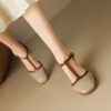 Women's French Retro Cowhide T-Strap Sandals Square Toe Medium Thick Heel