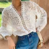 Women's French Cotton LS V-Neck Embroidery Hollow Out Loose Fit