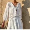 Bohemian Cotton Embroidered Floral V-neck 3/4 Hollow Out Top Midi Skirt